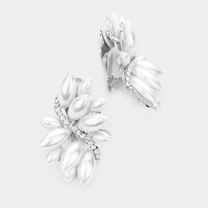 Silver White Pearl Clip On Earrings 1.5 Inch Marquise Crystal Swirl Leaf ClipOns